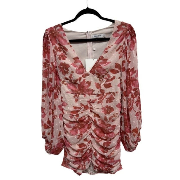 Sweet Dresses & Skirts - Sweetpot Red Floral Pink Dress Long Sleeve Mini Dress Size 8 NWT